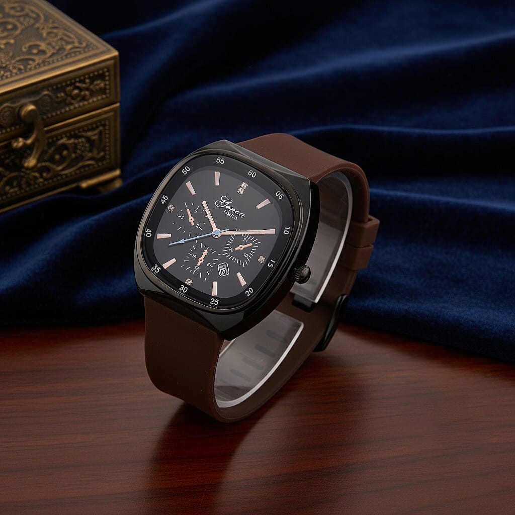 GENOA TIME V2 Quartz PC32 1ATM WR Black False Multifunction Dial & Black Case Mens Watch with Brown Silicone Strap